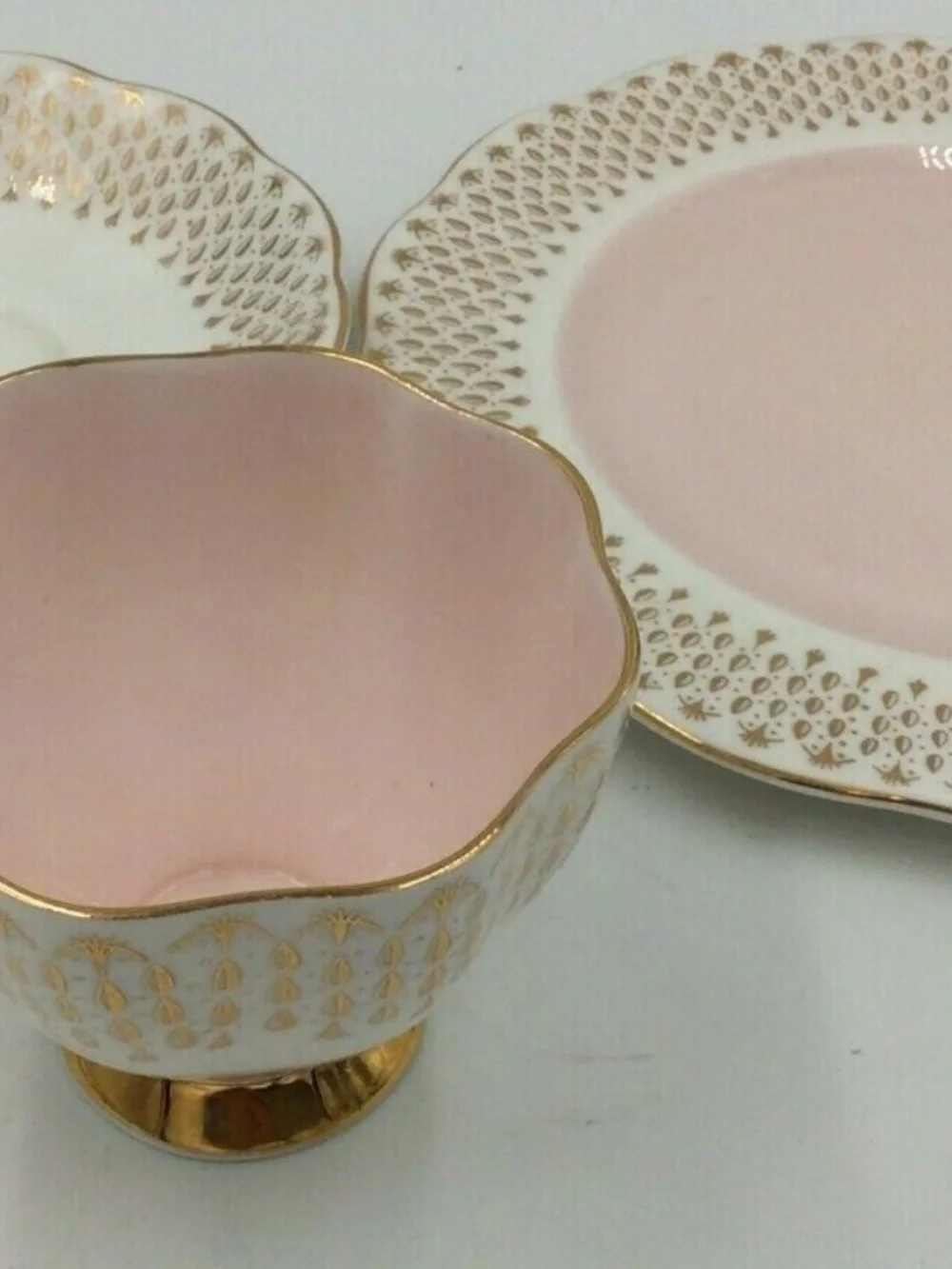 Queen Anne England Bone China Pink & Gold Tea Trio Cup Saucer Plate